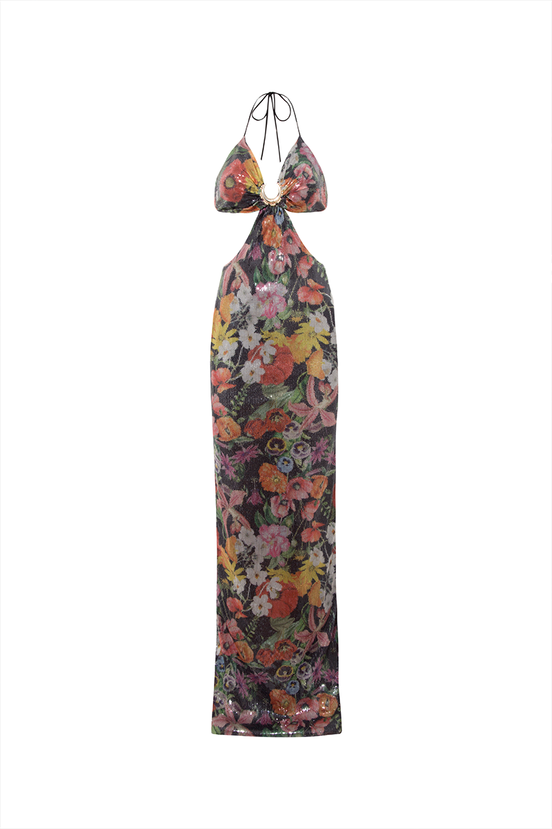 Wildflower V-Neck Sleeveless Maxi Dress - Printed Black